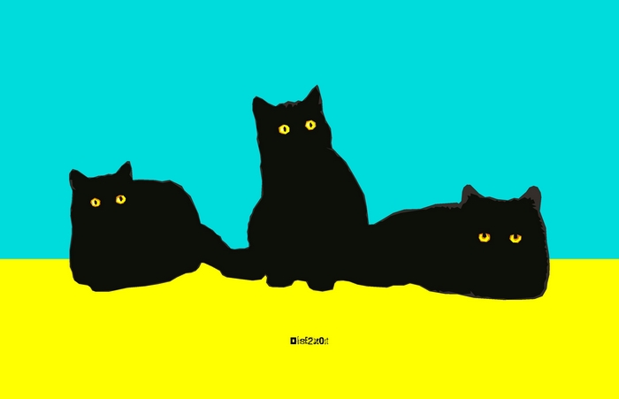Three black cats on a blue and yellow background