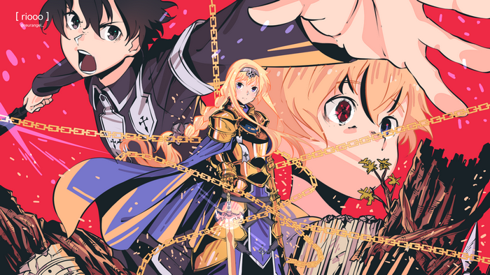 Kirito, Eugeo, and Alice from Sword Art Online with chains