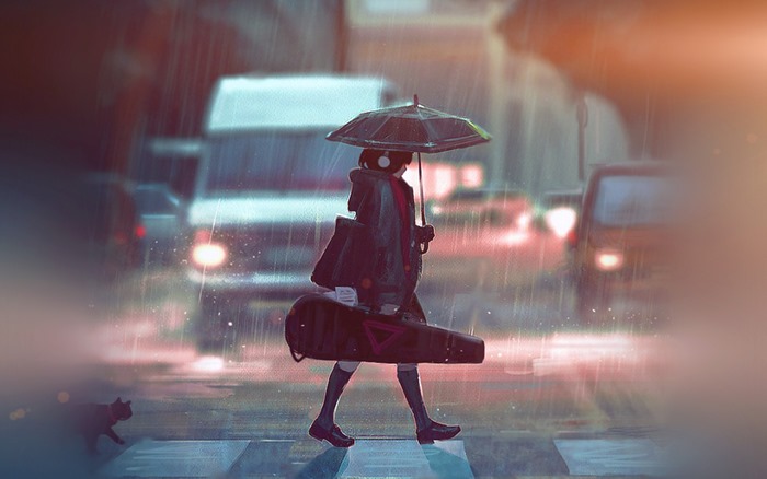 Girl Walking in the Rain with Violin and Umbrella