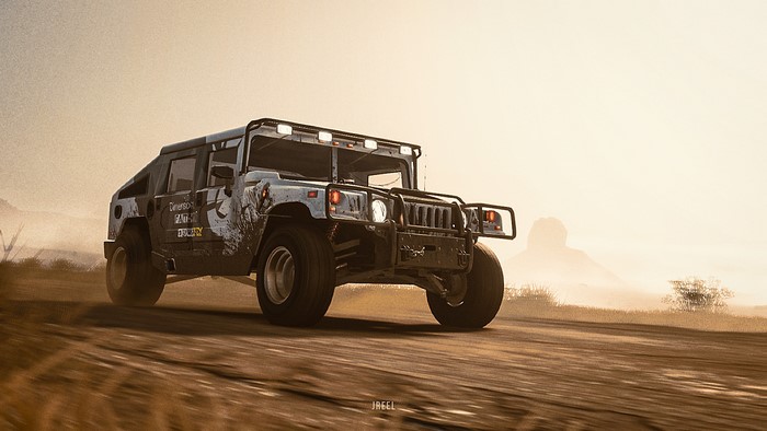 Hummer H1 driving on a dirt road