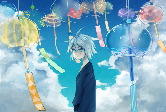 Anime boy with white hair and blue eyes in kimono
