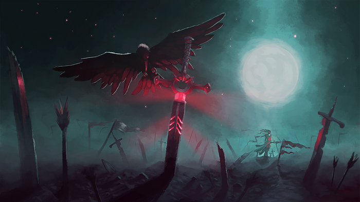 Dark night with a crow on a sword, warrior, and moon