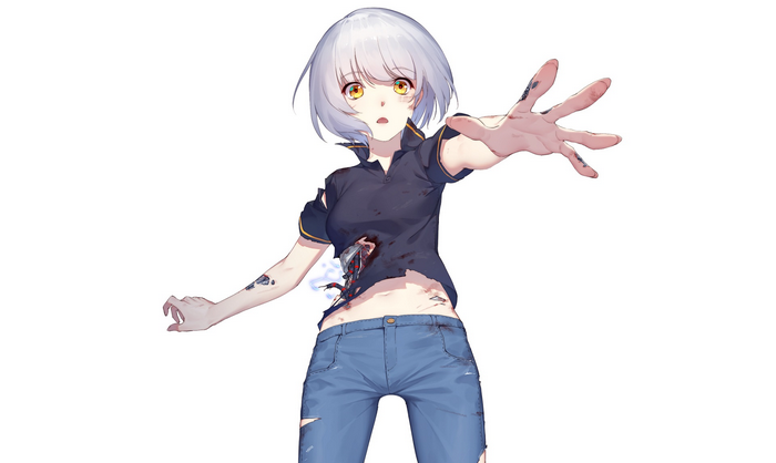 Anime girl with exposed mechanical torso and ripped jeans