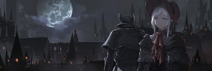 Plain Doll and Hunter from Bloodborne under the moon