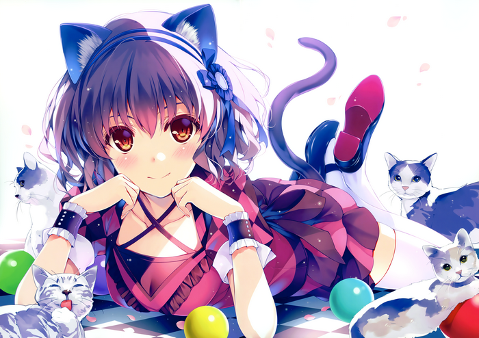 Cat Girl with Cats and Balls