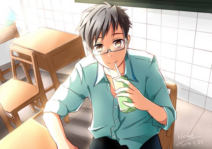 Anime boy with glasses drinking juice in classroom