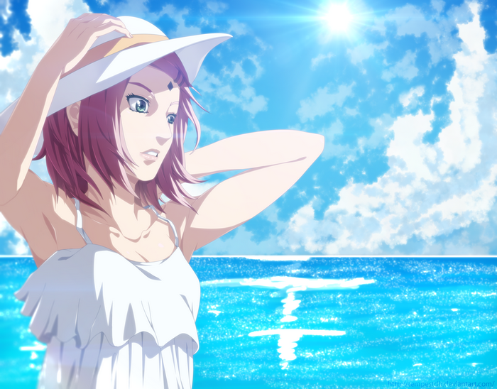 Sakura Haruno in a white dress by the ocean