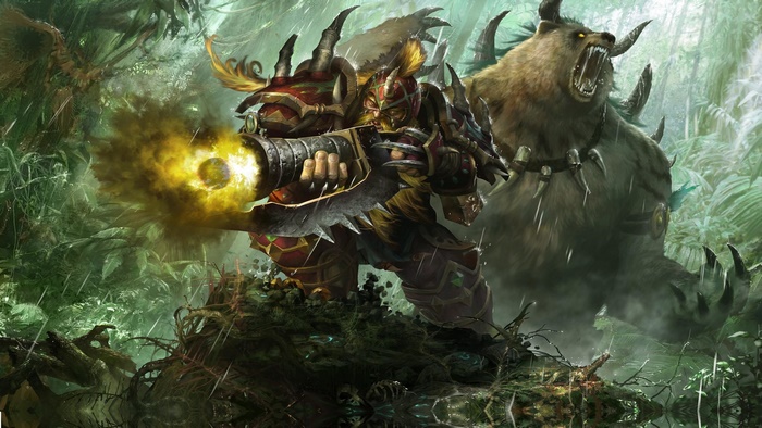 Dwarf warrior with a gun and a bear in a jungle