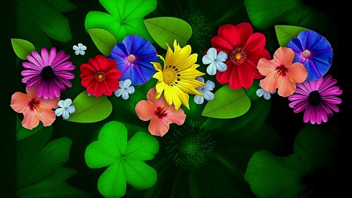 Colorful Flowers and Green Leaves Abstract