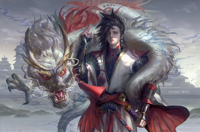 Oriental Onmyoji Warrior with Ethereal White Dragon