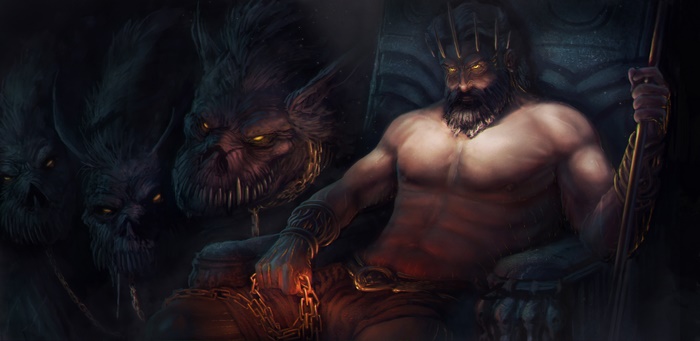 Hades with Cerberus heads on throne