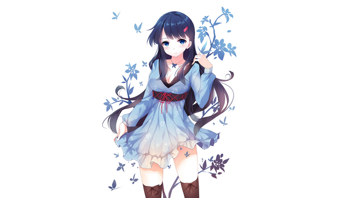 Anime girl with black hair and blue eyes in a blue dress