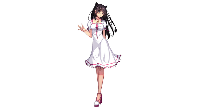 Girl with Black Hair and Cat Ears in White Dress