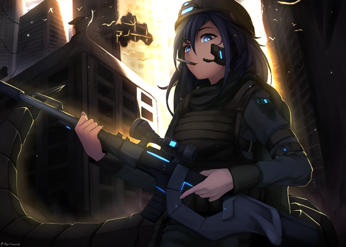Girl with sniper rifle in ruined city