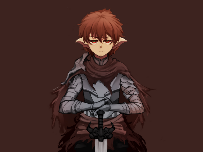Elf warrior with red eyes holding a sword