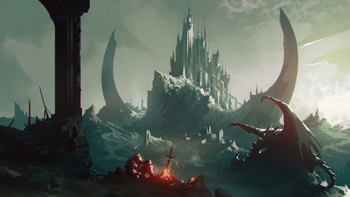Knight resting by bonfire with dragon and castle