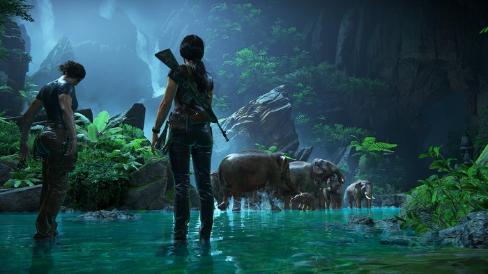 Chloe Frazer and Nadine Ross with elephants in Uncharted: The Lost Legacy