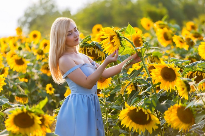 Blonde Woman in Blue Dress Among Sunflowers