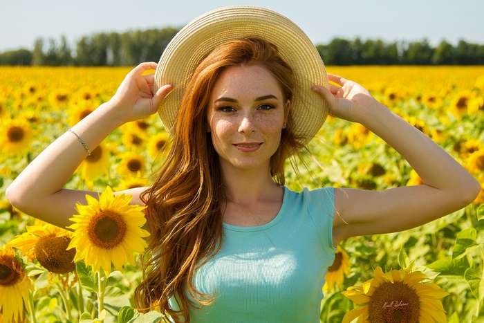 Redhead woman in hat in sunflower field