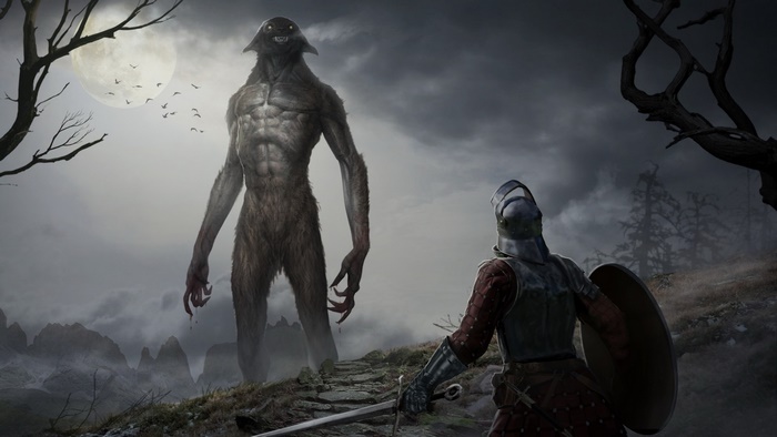 Giant Creature Fights Knight Under Moon