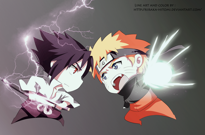 Chibi Naruto and Sasuke fighting with lightning and energy ball