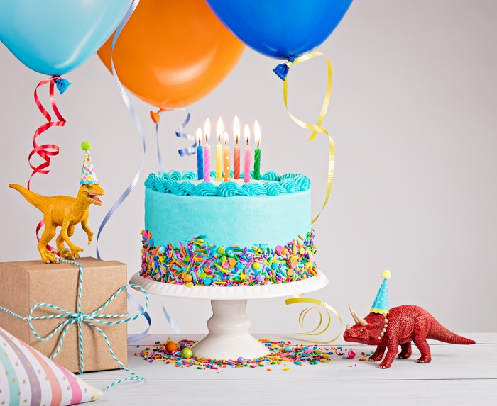 Dinosaur Birthday Cake with Balloons and Gifts