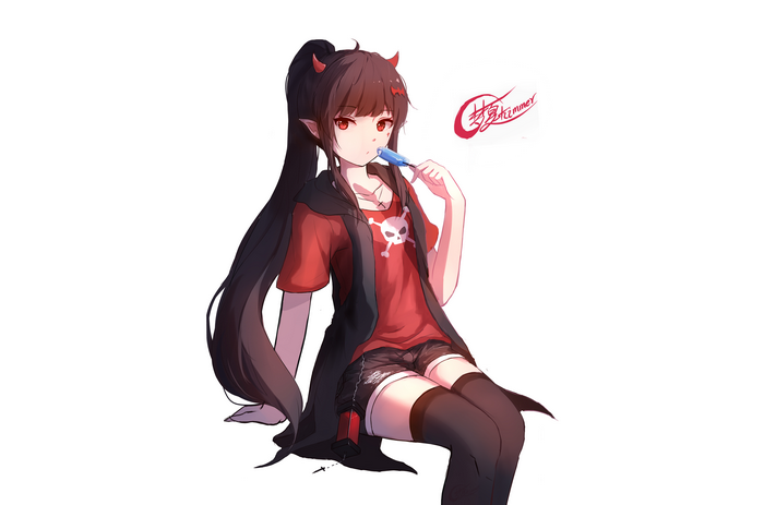 Anime girl with red eyes and horns eating ice cream