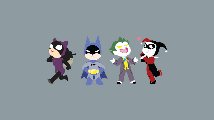 Catwoman, Batman, Joker, and Harley Quinn in minimalist style