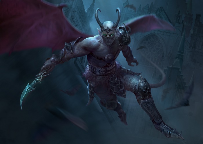 Demon with wings and horns in dark castle