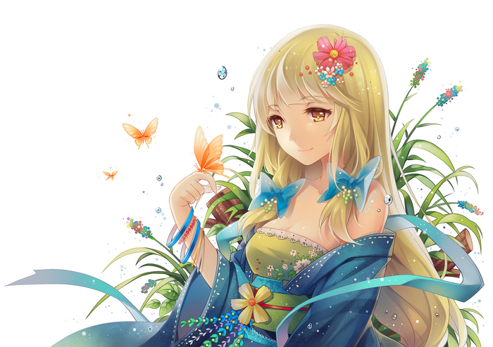Anime girl with blonde hair and yellow eyes in a kimono with butterflies