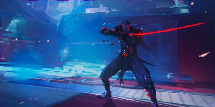 Genji from Overwatch with a red energy sword