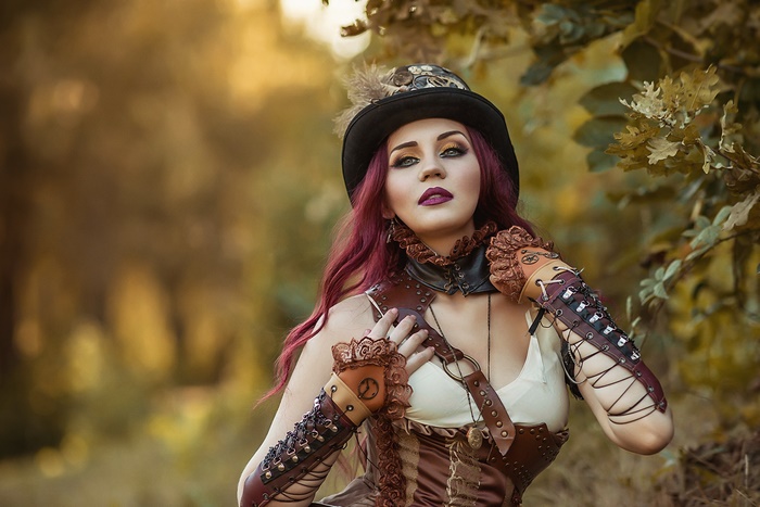 Steampunk Woman with Purple Hair in Vintage Attire