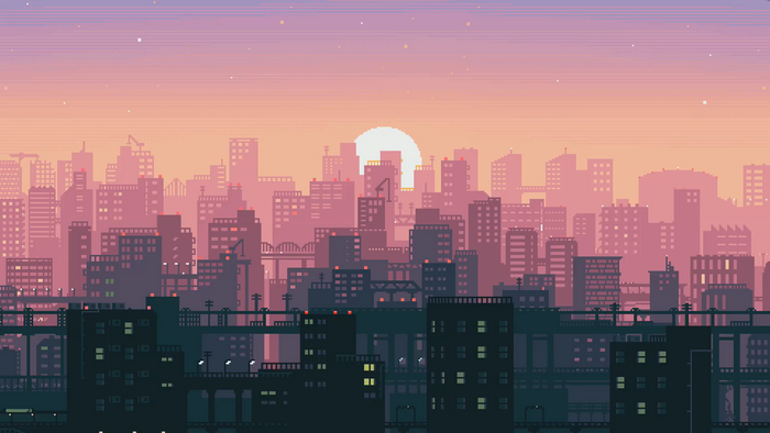 Pixel Art Cityscape at Sunset