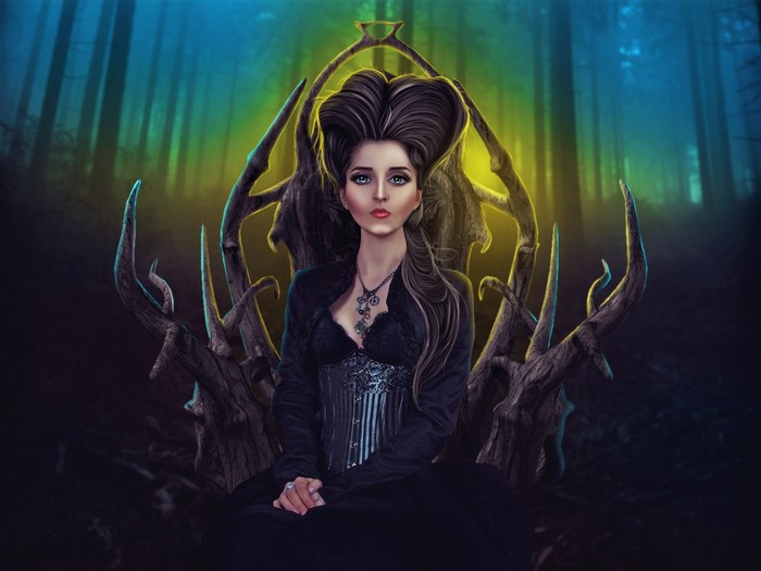 Woman in black sitting on a throne in a dark forest
