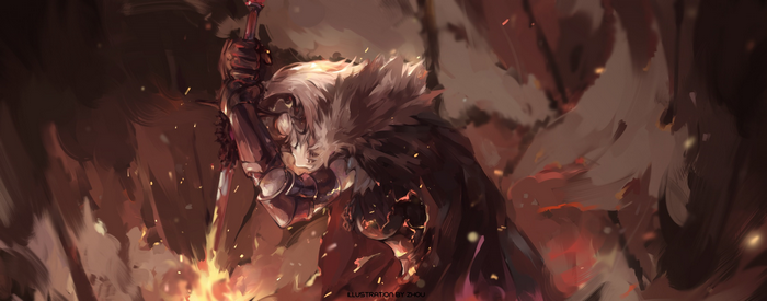 Jeanne d'Arc Alter, a warrior with a sword, surrounded by fire
