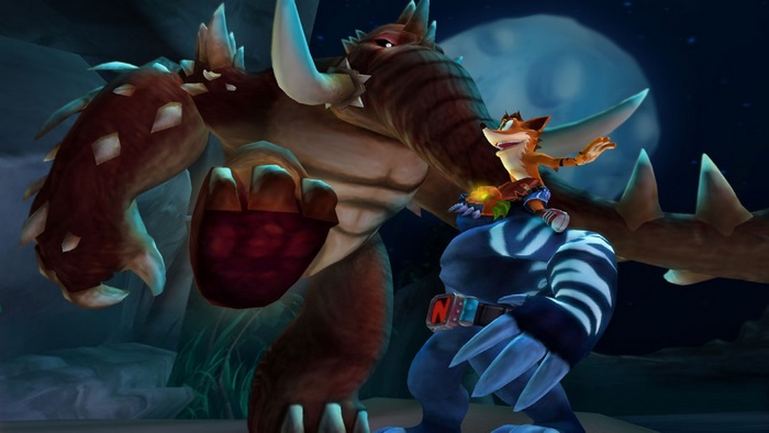 Crash Bandicoot and monsters in a nighttime scene