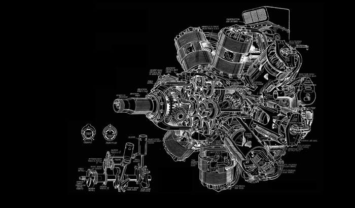 Detailed Engine Mechanical Diagram in White Lines