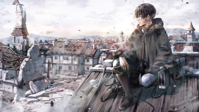 Levi Ackerman Sitting on Rooftop in Ruined City