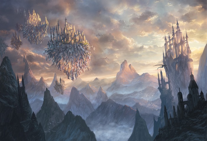 Floating islands with castles over mountains at sunset