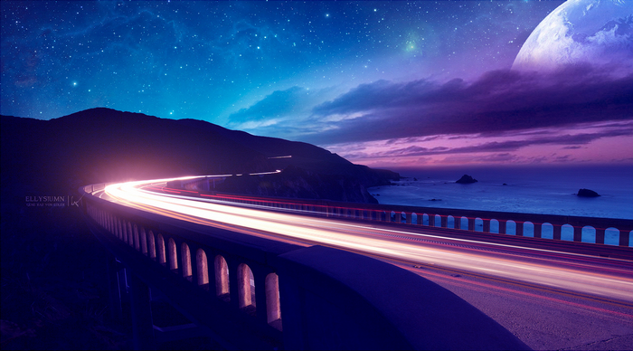 Starry Night Over Coastal Road and Ocean Planet