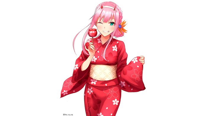 Zero Two in Yukata holding candy apple