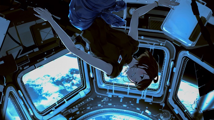 Anime Girl Floating in Space Station