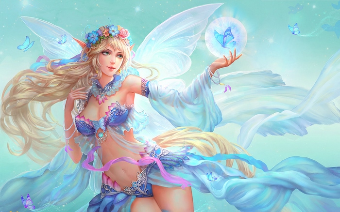 Blonde Fairy with Blue Butterflies and Flowers