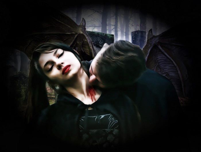 Vampire biting a woman in a dark forest