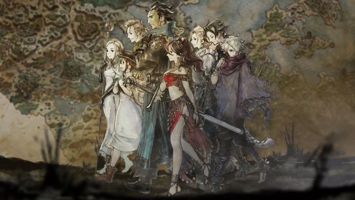 Octopath Traveler characters on a map background