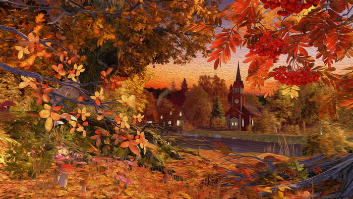 Autumn landscape with church and rowan berries