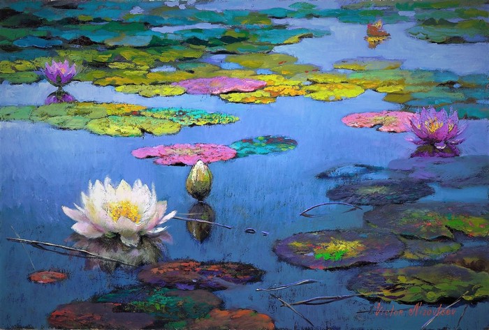 Painting of a pond with colorful lily pads and water lilies