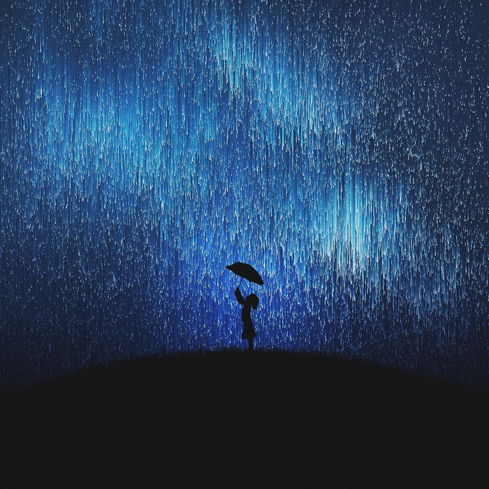 Silhouette of a girl with an umbrella in the rain