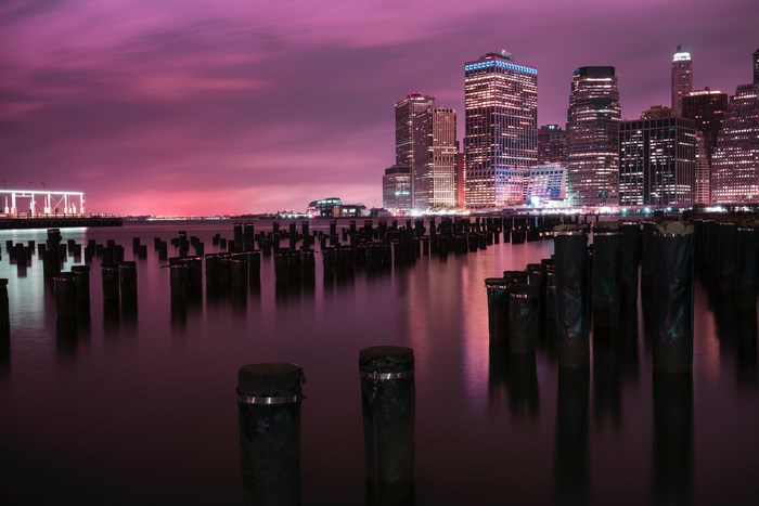 New York City Night Skyline with River Reflections in 4K