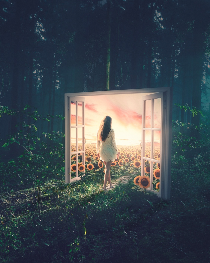 Girl in a white dress in a surreal forest with sunflowers